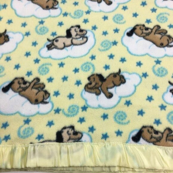 Baby Blanket Throw Dogs Clouds Satin Trim Cover Nursery Yellow - Picture 3 of 3